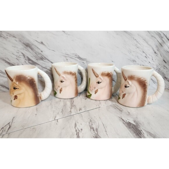 Vintage Hand-Painted Unicorn Mugs Set of 4 3D Horn Handles 70s/80s Fantasy Art - Picture 2 of 16